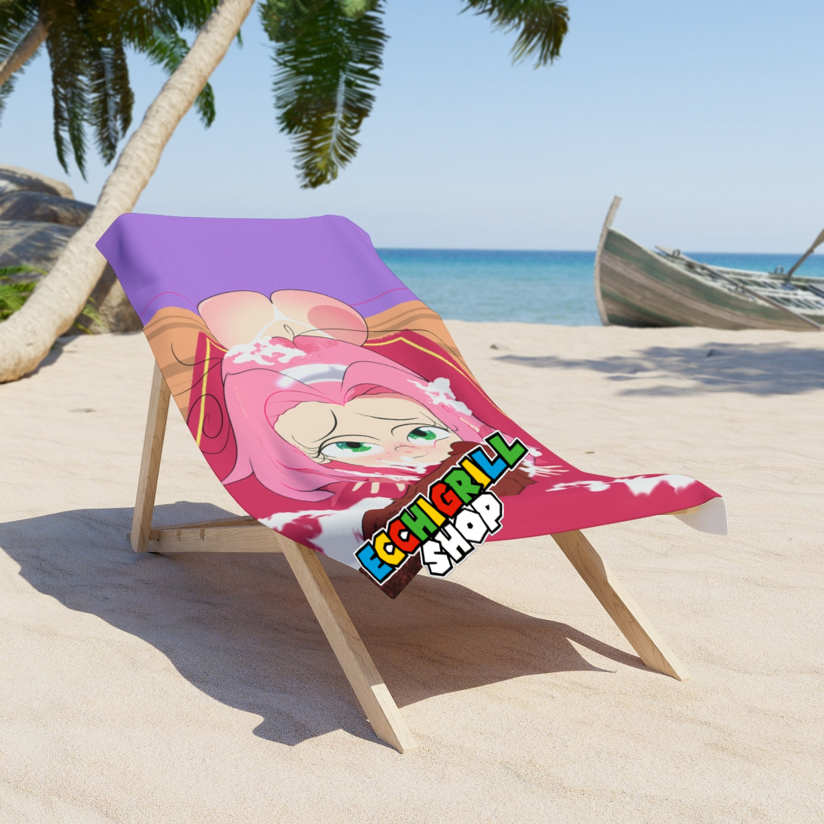 Cute pink-haired anime girl with big green eyes and messy expression, covered in thick white cum on her face and huge breasts, eagerly sucking a large brown cock while foam drips down, vibrant pink and purple background with EcchiGrill branding.
