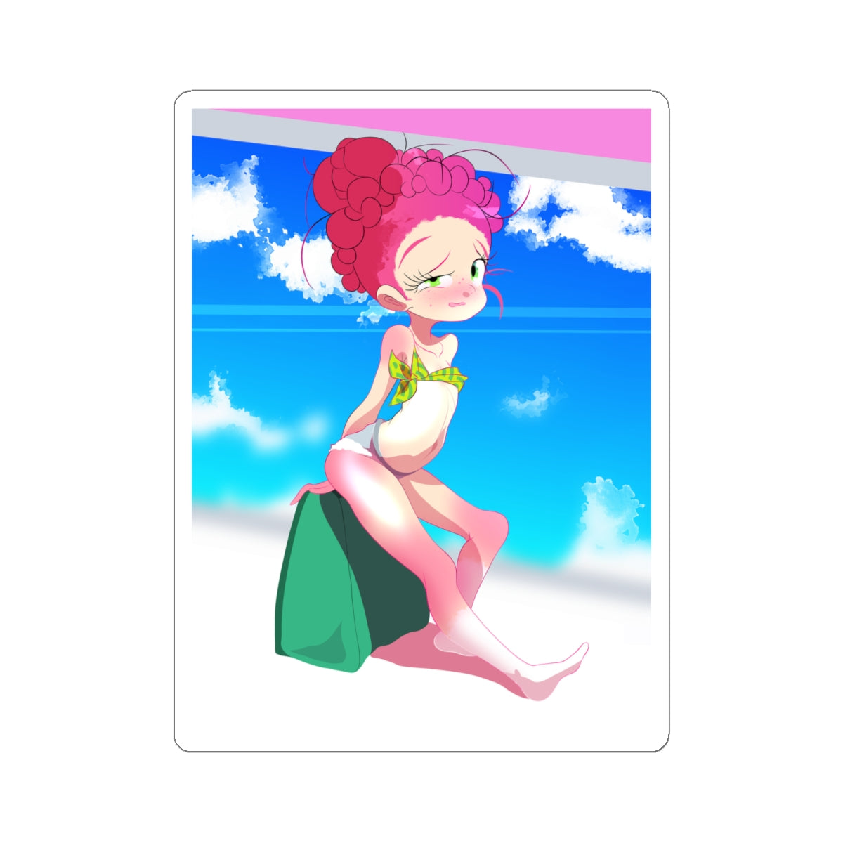 Chibi-style pink-haired anime girl with green eyes sitting on pool edge, wearing skimpy green-and-yellow checkered bikini top and white bottoms, large pink curly hair bun, freckles, shy aroused expression, legs dangling over water with green bag beside her, bright blue sky background.