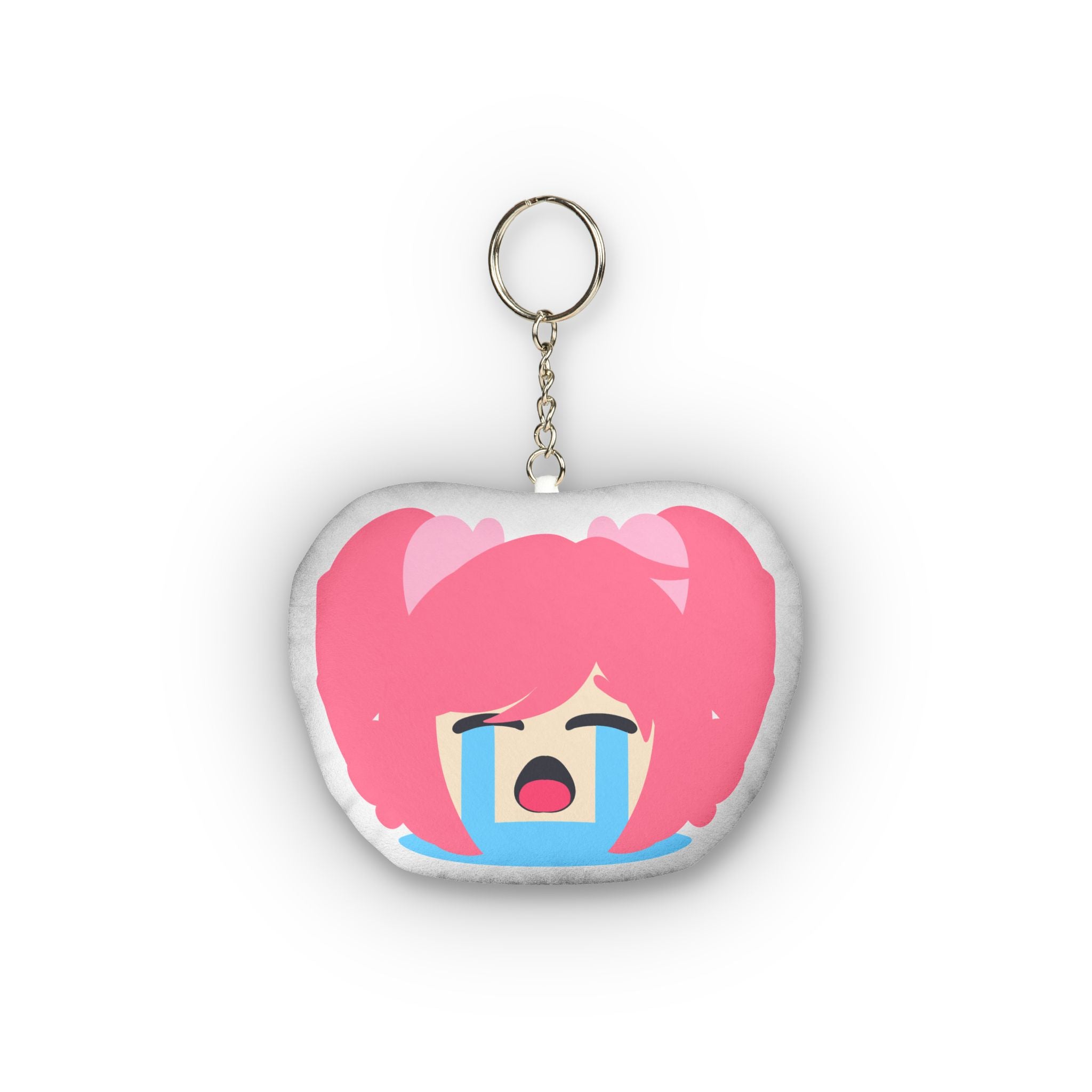 Cute anime plush keychain of a girl with bright pink twin ponytails, eyes squeezed shut in overwhelming pleasure, wide open mouth, massive streaming blue tears flooding down her flushed cheeks, and exaggerated intense ahegao crying expression on a soft rounded pillow charm.