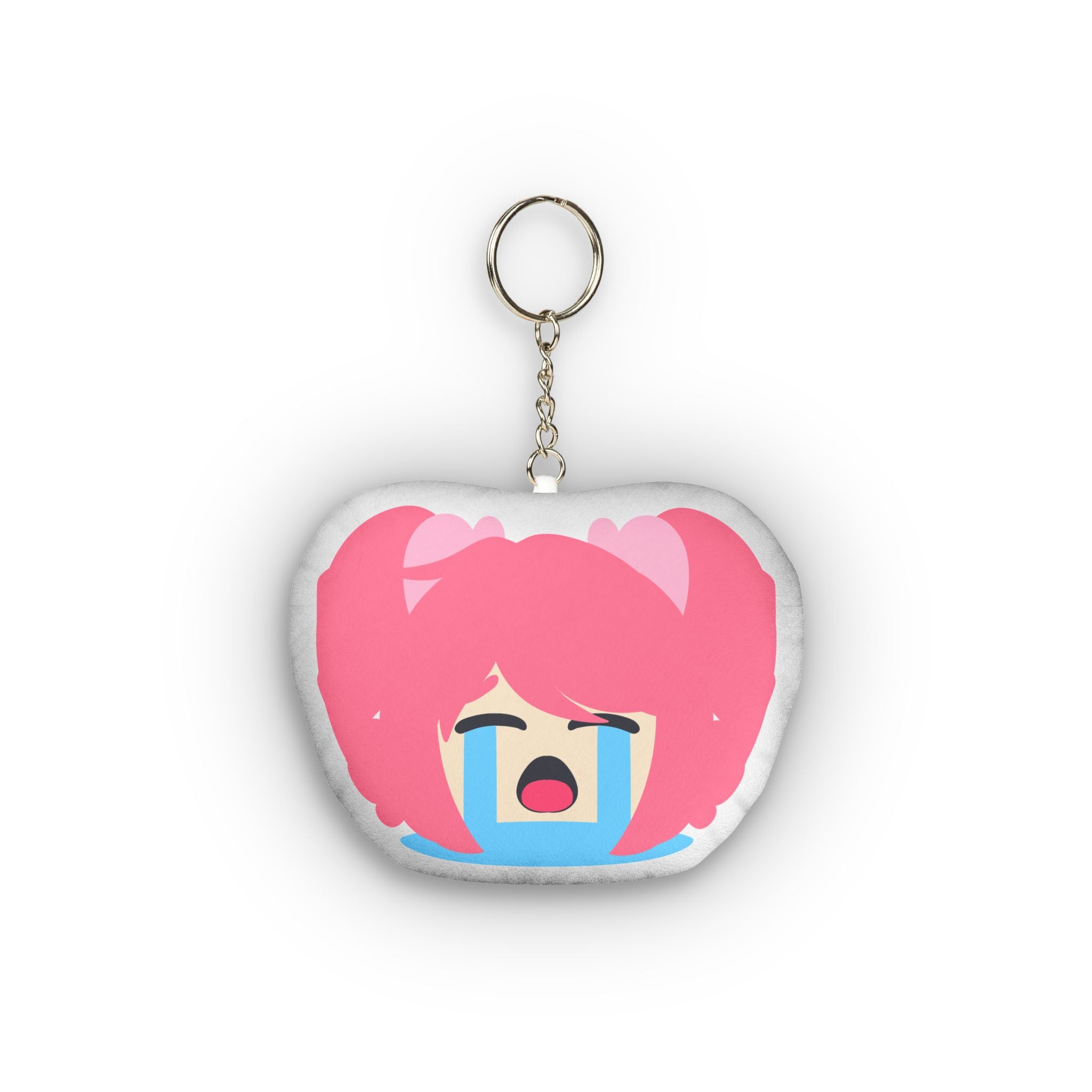 Cute anime plush keychain of a girl with bright pink twin ponytails, eyes squeezed shut in overwhelming pleasure, wide open mouth, massive streaming blue tears flooding down her flushed cheeks, and exaggerated intense ahegao crying expression on a soft rounded pillow charm.