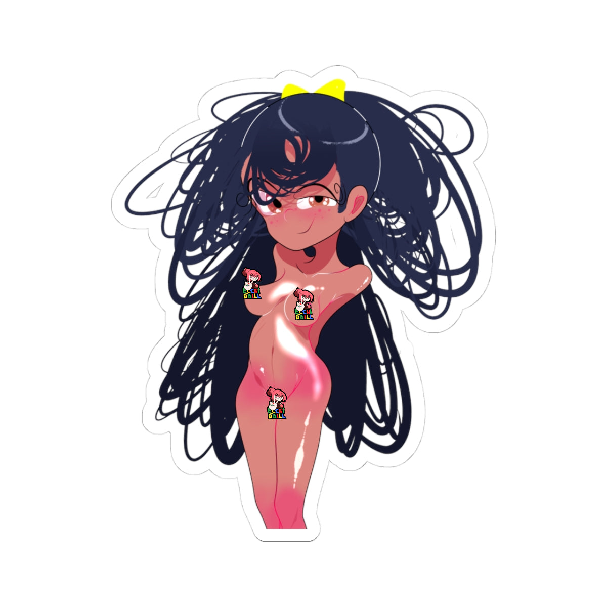 Cute chibi Pokemon Iris fully nude sticker with long wild purple twin ponytails and yellow bow, brown eyes with playful pout and blush, standing one-leg-up pose flaunting slim toned body, small perky breasts with pink nipples, smooth shaved pussy, glistening skin effect, white background cutout.