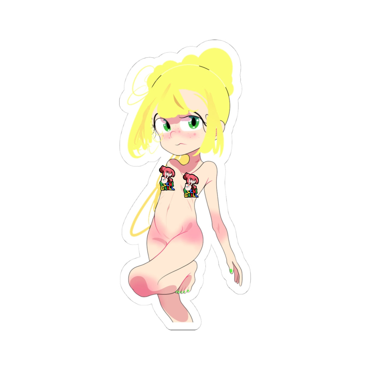 Cute chibi Pokemon Lillie fully nude sticker with long blonde hair, green eyes and embarrassed pout, standing one-leg-up pose highlighting slim curvy figure, small perky breasts with pink nipples, smooth shaved pussy, glistening skin effect, white background cutout.