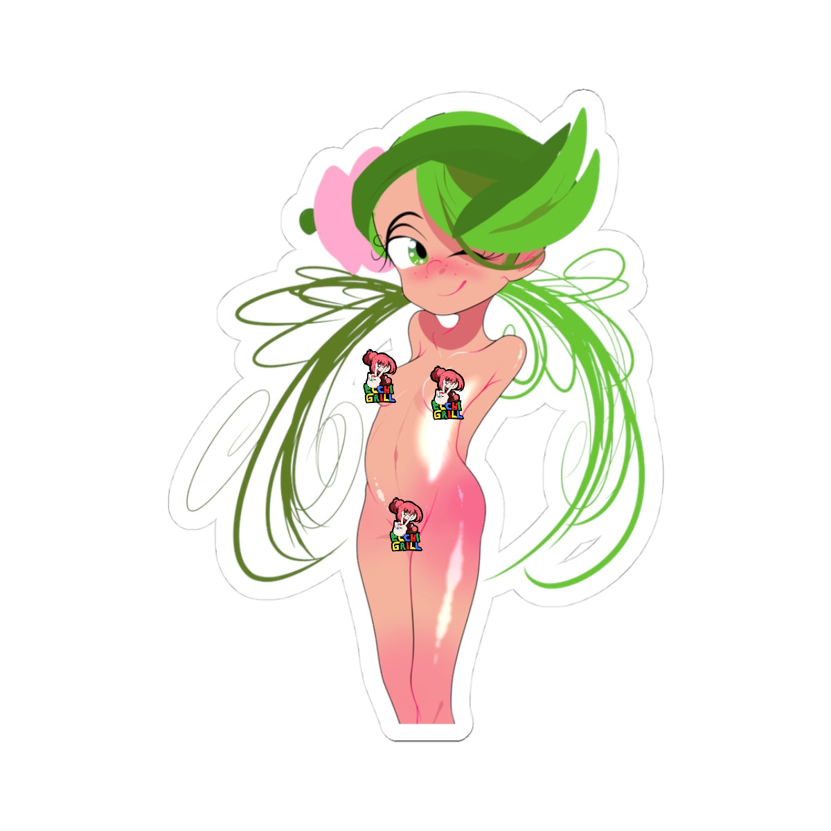 Cartoon character with green hair and pink outfit on a white background