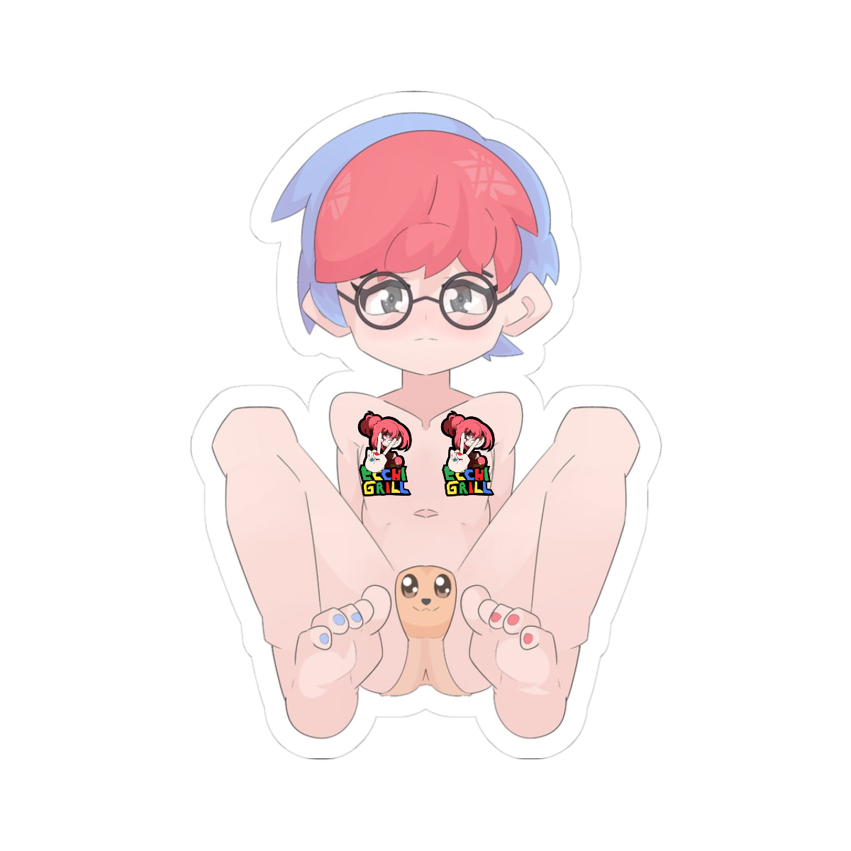 Nude petite red-haired anime girl with blue side bangs, round glasses, and shy expression sitting with legs spread wide, completely naked showing small perky breasts and smooth bare pussy, cute Eevee plush positioned between her thighs, barefoot with blue and red painted toenails.