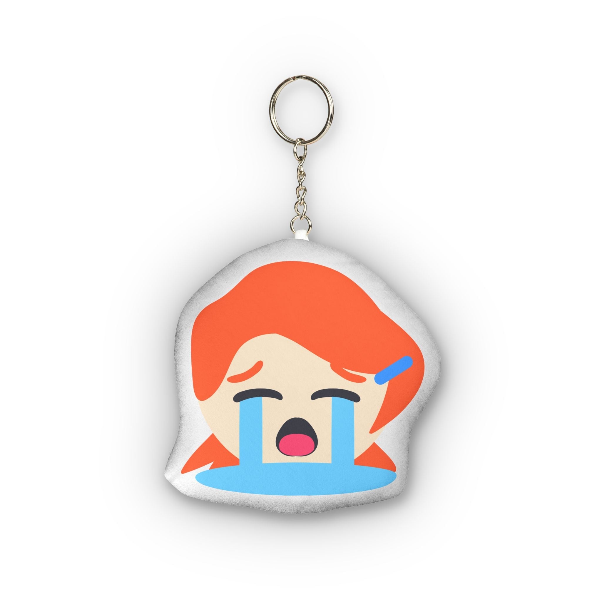 Soft plush keychain showing an anime redhead girl with short orange hair and blue hair clip, eyes closed tight in ecstatic overload, wide open mouth, heavy flowing blue tears streaming down her flushed face, and exaggerated intense ahegao crying expression on a rounded pillow charm.