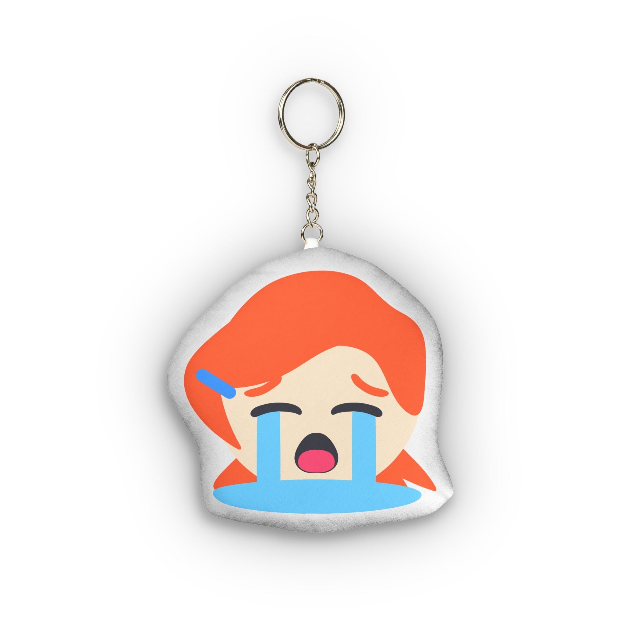 Soft plush keychain showing an anime redhead girl with short orange hair and blue hair clip, eyes closed tight in ecstatic overload, wide open mouth, heavy flowing blue tears streaming down her flushed face, and exaggerated intense ahegao crying expression on a rounded pillow charm.