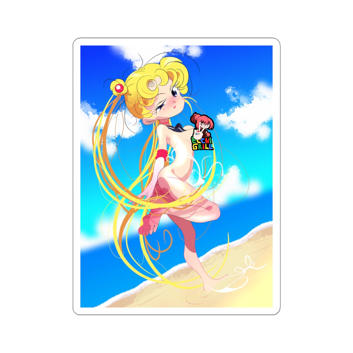Cute anime Sailor Moon with long flowing blonde twin tails, red bows, and big blue eyes, completely nude on a sunny beach, one leg raised in a sexy pose, hair swirling dramatically against blue sky, bare feet in the sand.