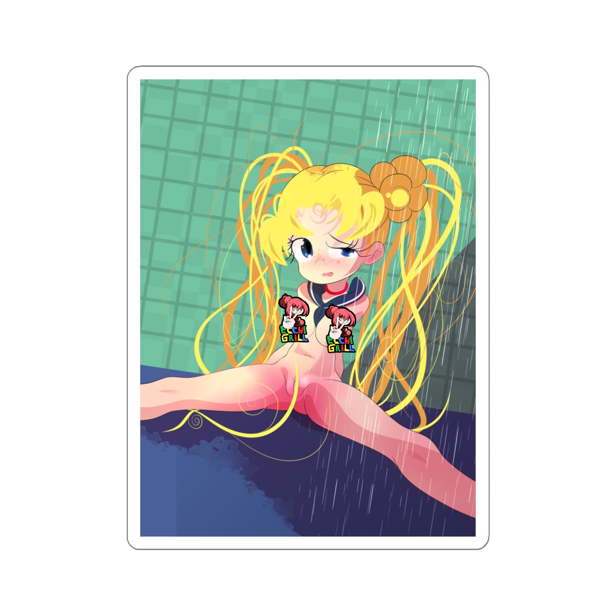 Cute anime Sailor Moon with long flowing blonde twin tails and orange flower accessories, completely nude in heavy rain, sitting with legs spread wide on a wet surface, wet skin glistening, sailor collar and red bow still on, eyes half-closed in pleasure.