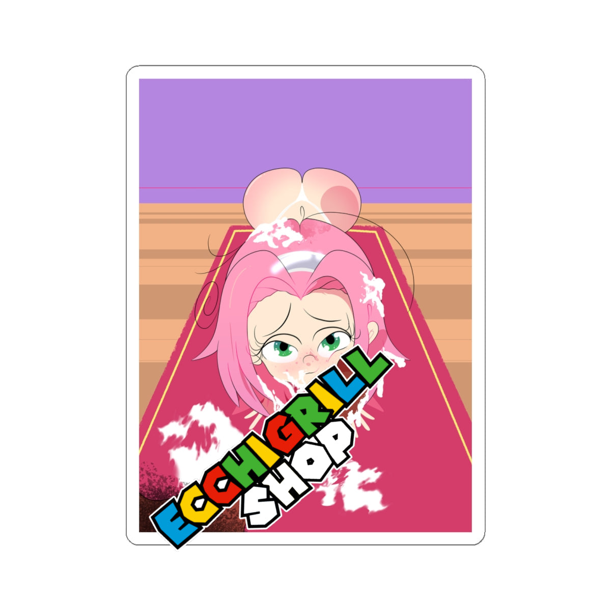 Horny pink-haired Sakura Haruno anime girl with green eyes looking distressed and aroused, large veiny penis pressed against her cheek dripping thick white cum, face hair and big breasts covered in messy facial cumshot splatters, lying on striped mat with purple background in explicit hentai style.