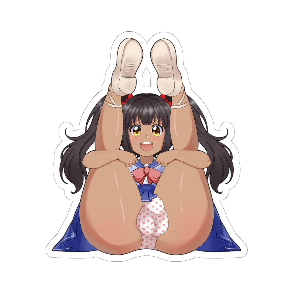 Cute anime futa schoolgirl with long black twin-tails tied with red bows poses legs-up in POV, wearing blue sailor uniform with big red bow, tight pink heart-patterned panties stretched over prominent bulge, thick thighs spread wide highlighting plump round ass, excited smiling expression with big golden eyes, feet not visible.