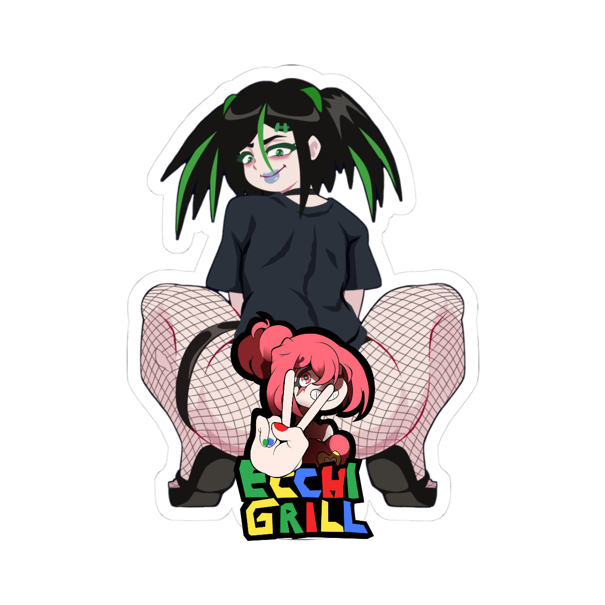 Hot Futanari Hentai Girl Goth Punk Green Hair Squatting Bulge Ass Fishnet Stockings Black Heels - NSFW Adult Anime Sticker
