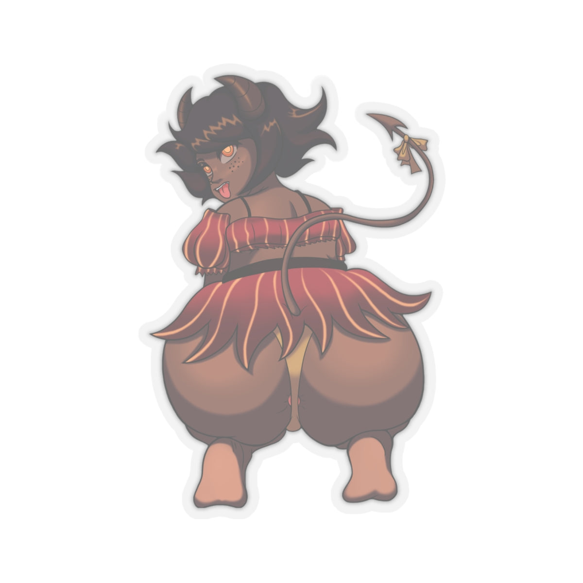 Curvy dark-skinned succubus demon girl with horns, tail, and playful tongue out, wearing red tribal striped skirt and top while squatting to showcase her massive round ass, tight pussy visible between thick thighs from behind.