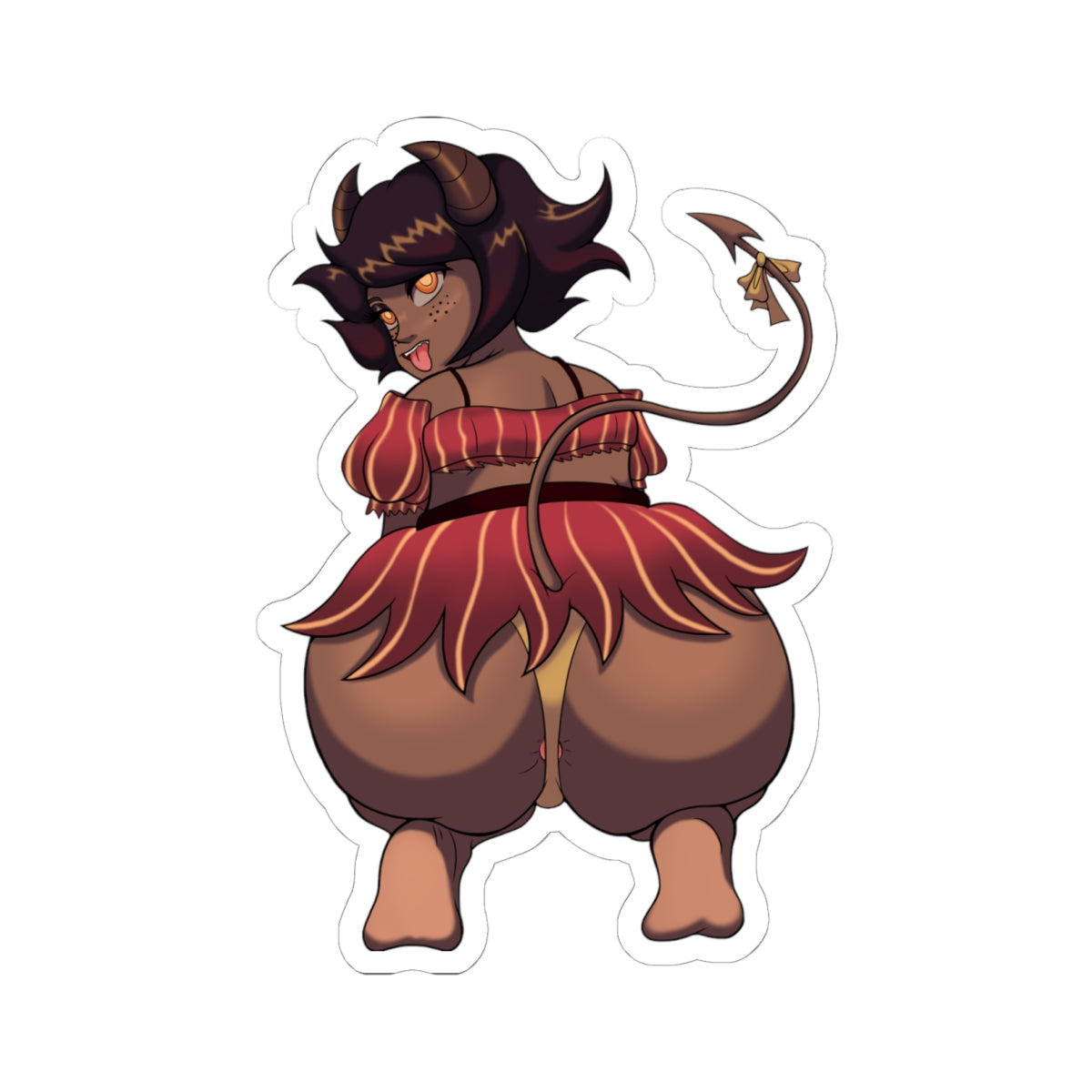 Curvy dark-skinned succubus demon girl with horns, tail, and playful tongue out, wearing red tribal striped skirt and top while squatting to showcase her massive round ass, tight pussy visible between thick thighs from behind.