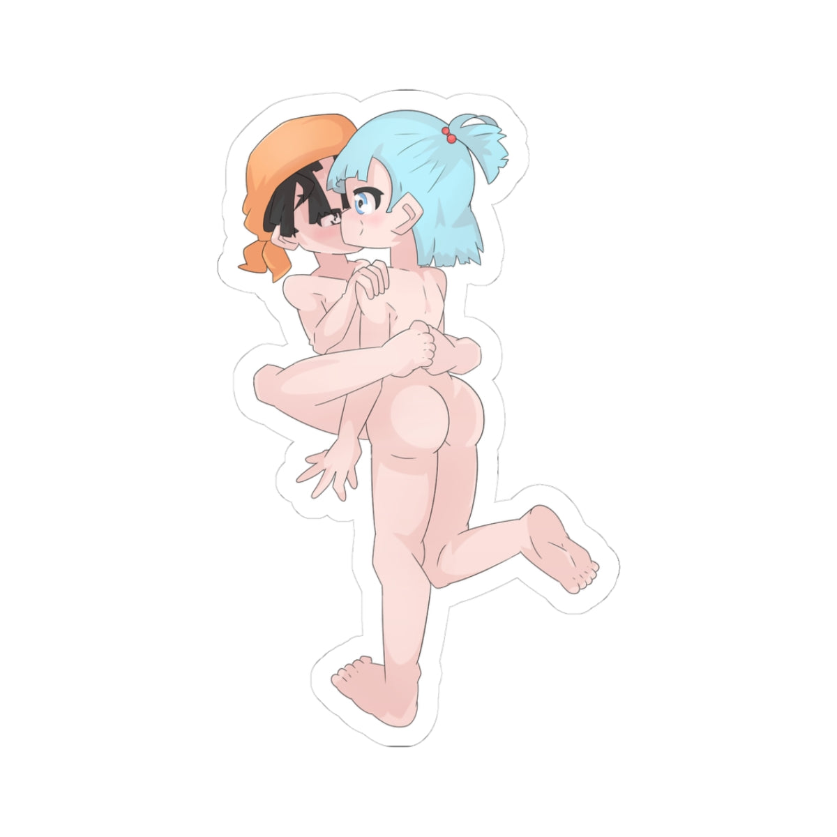 Nude anime lesbian couple embracing passionately: short black-haired tomboy girl with orange bandana kissing blue-haired ponytail girl with red hair tie, lifting her up with legs wrapped around waist, thick thighs and round ass visible, both barefoot, flushed faces and closed eyes in intense kiss.