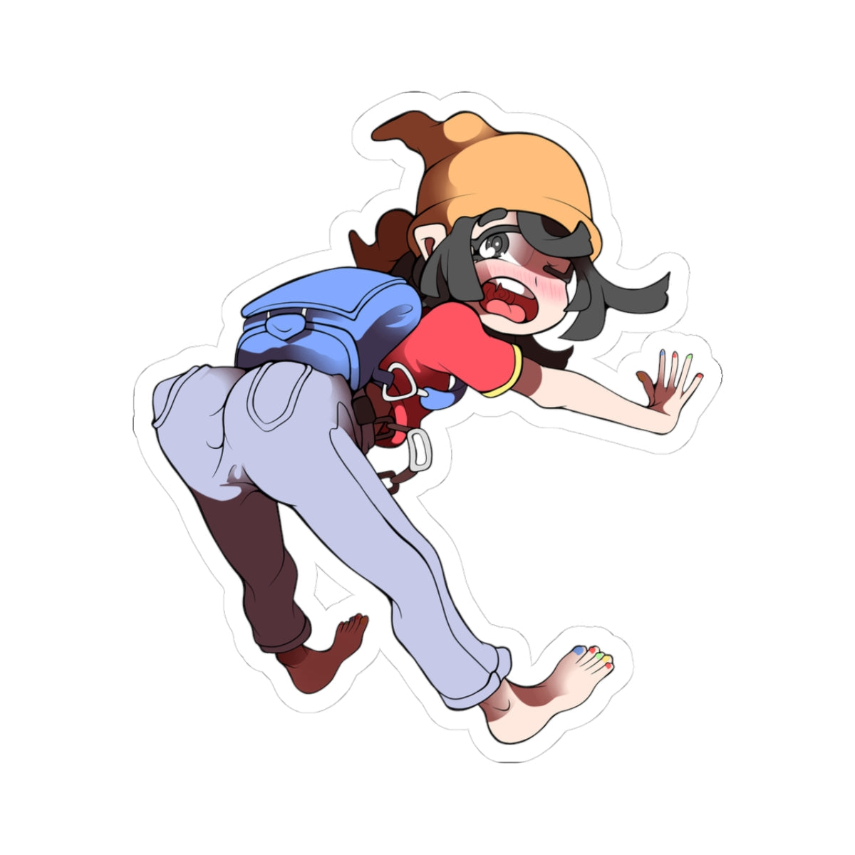 Adorable tomboy anime girl with backpack, orange beanie, and goggles tripped and fallen face-down with her round ass thrust high in the air, grey cargo pants stretched tight showing visible pussy outline, red shirt riding up, ahegao expression with tongue out and flushed cheeks, barefoot with colorful painted toenails.