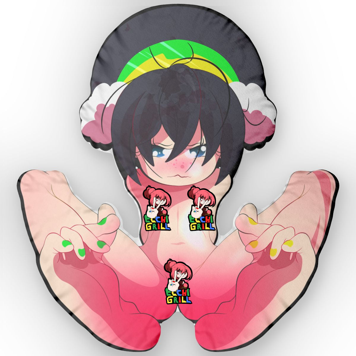 Custom NSFW dakimakura pillow featuring a chibi-style anime girl with short black hair, blue eyes, freckles, pink cheeks, and angry pouty expression, wearing earmuffs with rainbow accents, massive exposed breasts and torso fully printed on both sides, small Ecchi Grill logo stickers placed on her chest and hands, lewd hugging pillow design for adult collectors.