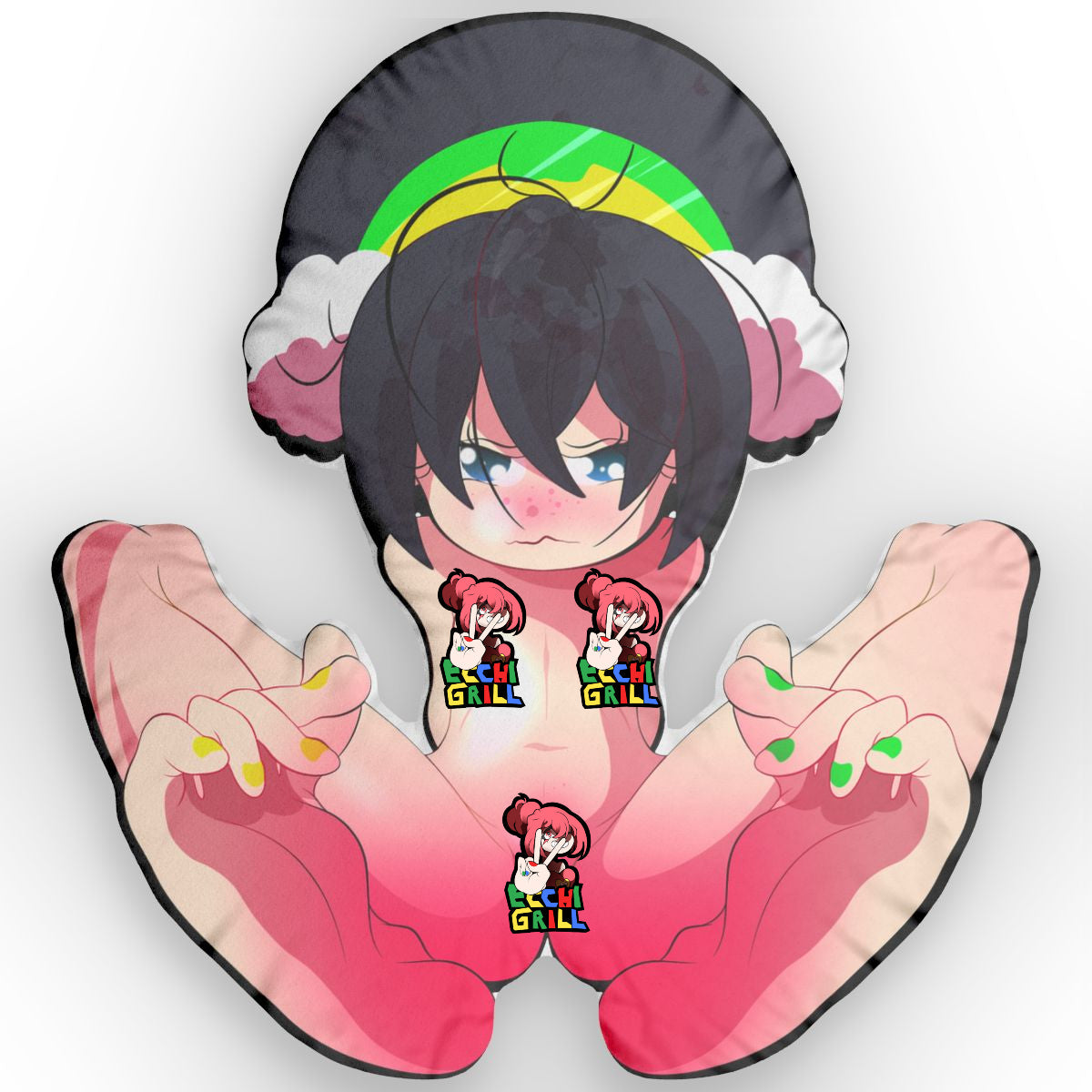 Custom NSFW dakimakura pillow featuring a chibi-style anime girl with short black hair, blue eyes, freckles, pink cheeks, and angry pouty expression, wearing earmuffs with rainbow accents, massive exposed breasts and torso fully printed on both sides, small Ecchi Grill logo stickers placed on her chest and hands, lewd hugging pillow design for adult collectors.