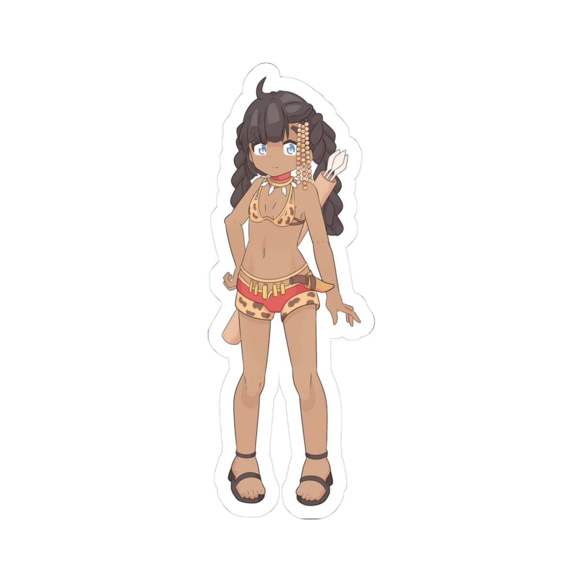 Petite dark-skinned anime girl dressed as tribal warrior, standing confidently with blue eyes, long black braids adorned with gold beads, wearing leopard-print bikini top and tiny red shorts with belt and dagger, brown sandals, bare toned midriff, playful yet fierce expression.