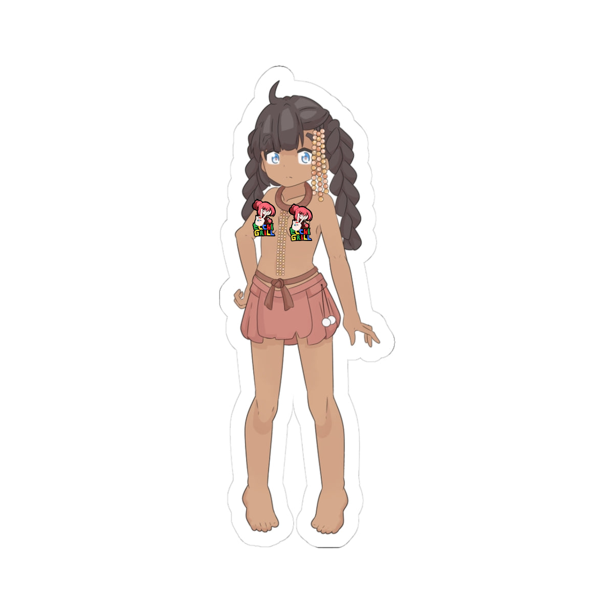 Petite dark-skinned anime tribal girl standing confidently with blue eyes, long black braids decorated with gold beads, topless showing small perky breasts and toned midriff, wearing minimal brown skirt with belt and accessories, barefoot on jungle ground, fierce yet seductive expression.