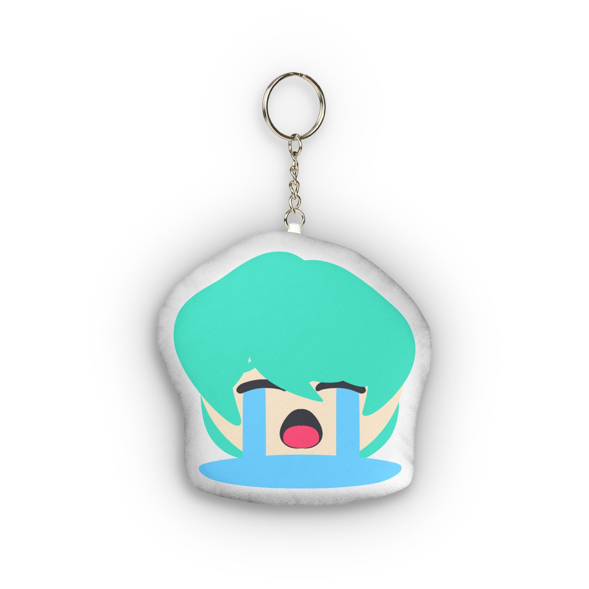 Adorable anime plush keychain featuring a girl with vibrant turquoise hair, eyes closed tight in ecstatic overload, wide open mouth, massive streaming blue tears pouring down her flushed cheeks, and exaggerated intense ahegao crying expression on a soft rounded pillow-shaped charm.