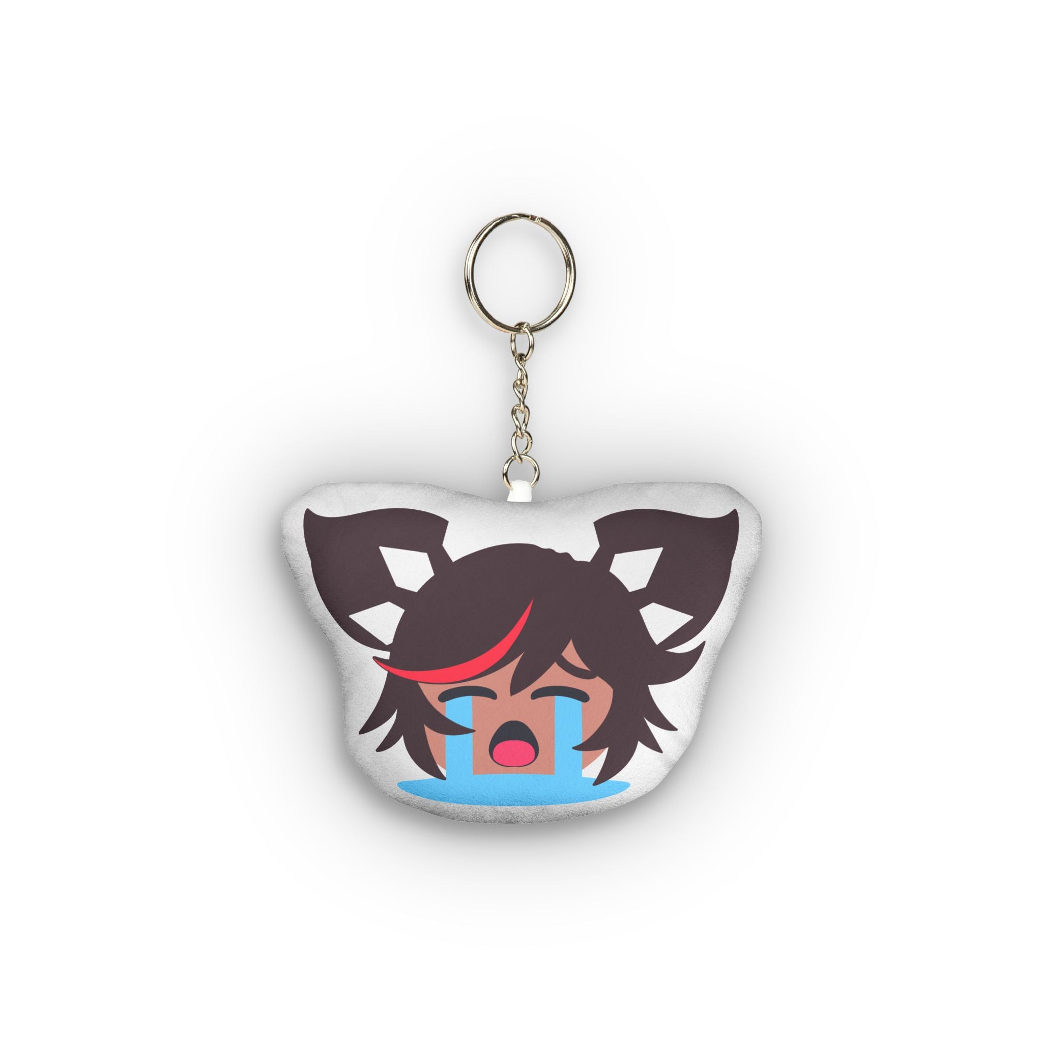 Adorable hentai-style plush keychain of Genshin Impact Xinyan with dark skin, short black hair with red streak in twin ponytails, distressed sobbing expression, eyes squeezed shut, huge dramatic blue tears streaming endlessly down her flushed face, wide open mouth in exaggerated emotional chibi design.