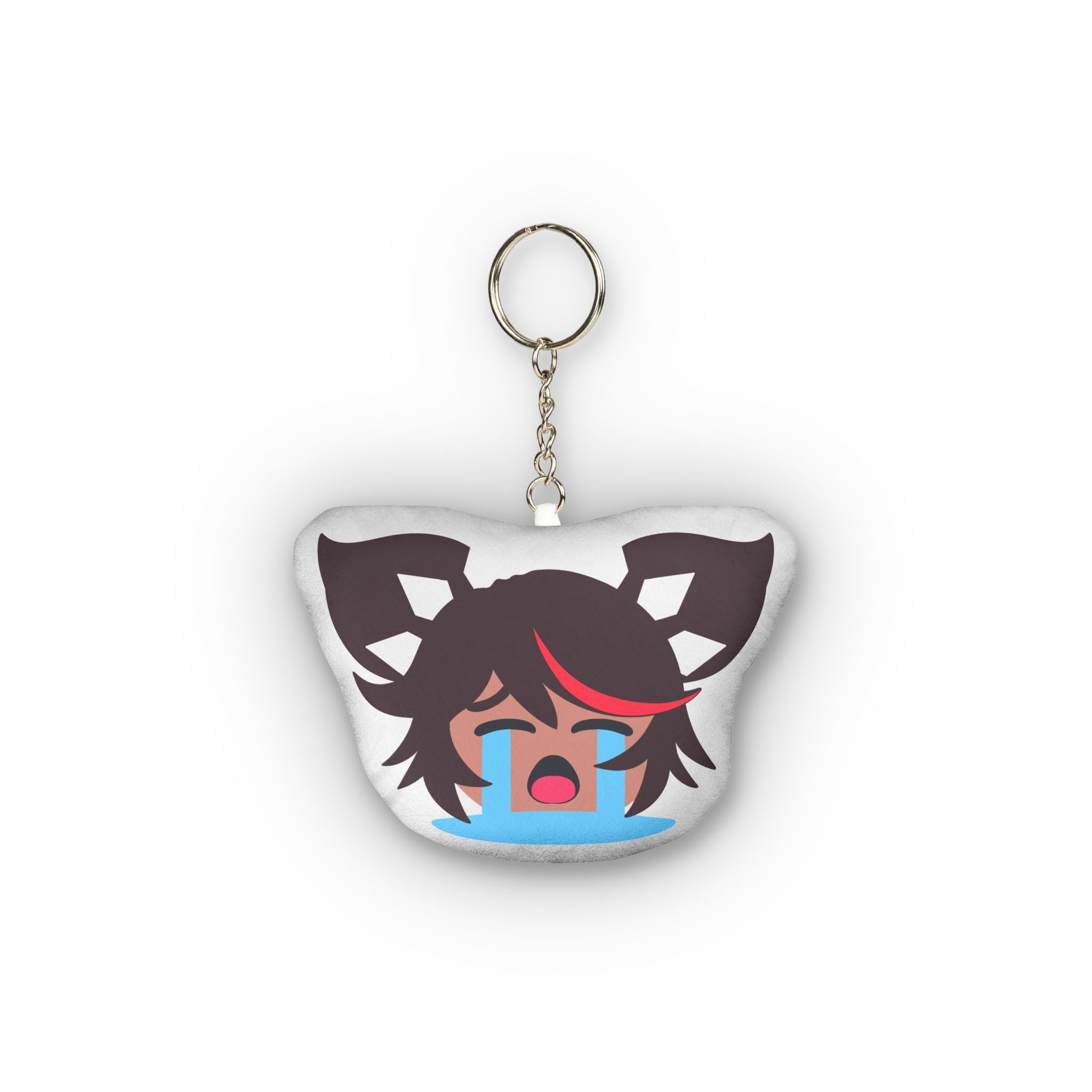 Adorable hentai-style plush keychain of Genshin Impact Xinyan with dark skin, short black hair with red streak in twin ponytails, distressed sobbing expression, eyes squeezed shut, huge dramatic blue tears streaming endlessly down her flushed face, wide open mouth in exaggerated emotional chibi design.
