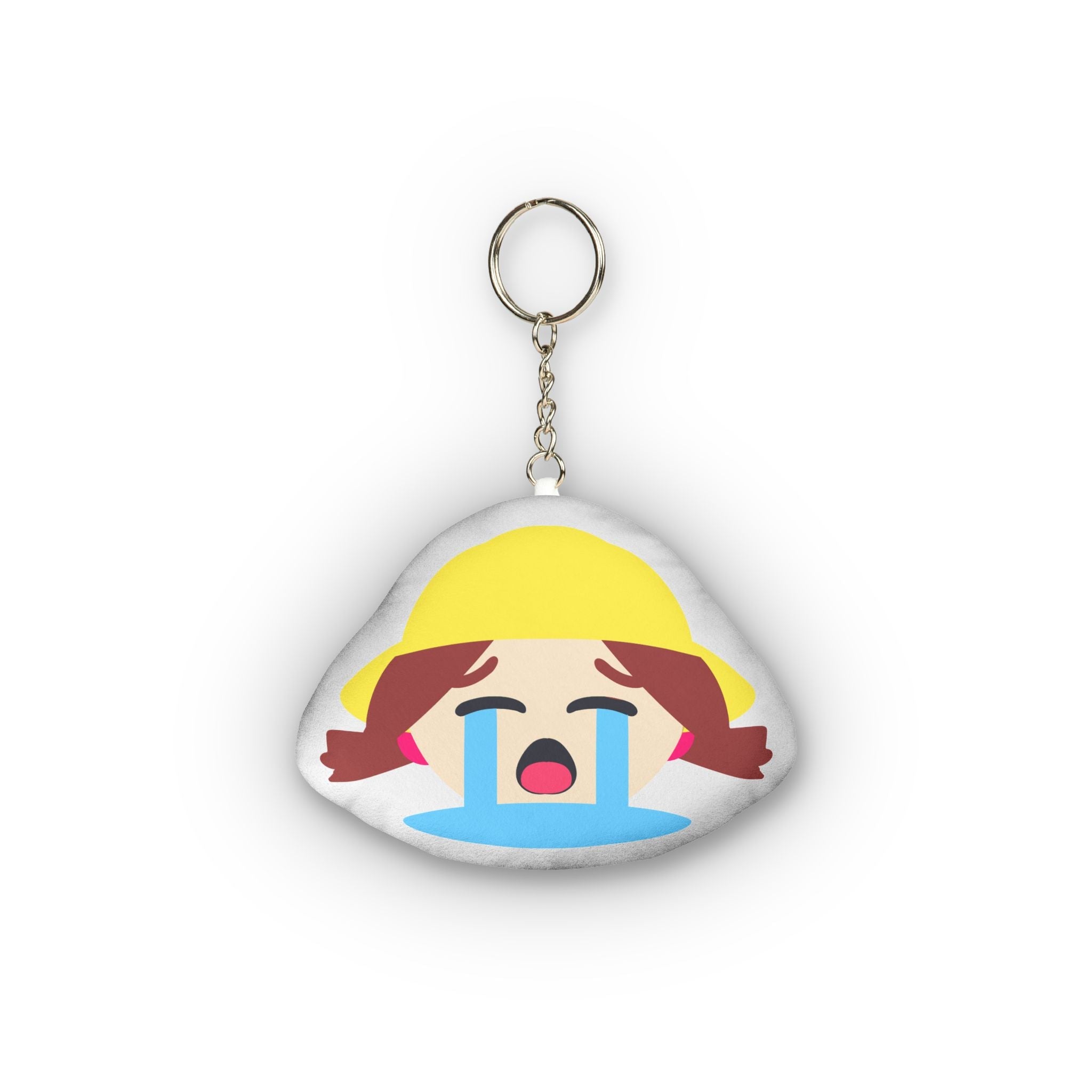 Cute hentai-style plush keychain of anime girl wearing yellow hard hat, brown twin ponytails with pink ties, eyes squeezed shut in distress, huge blue tears streaming endlessly down her face, wide open mouth sobbing dramatically in exaggerated emotional chibi design.