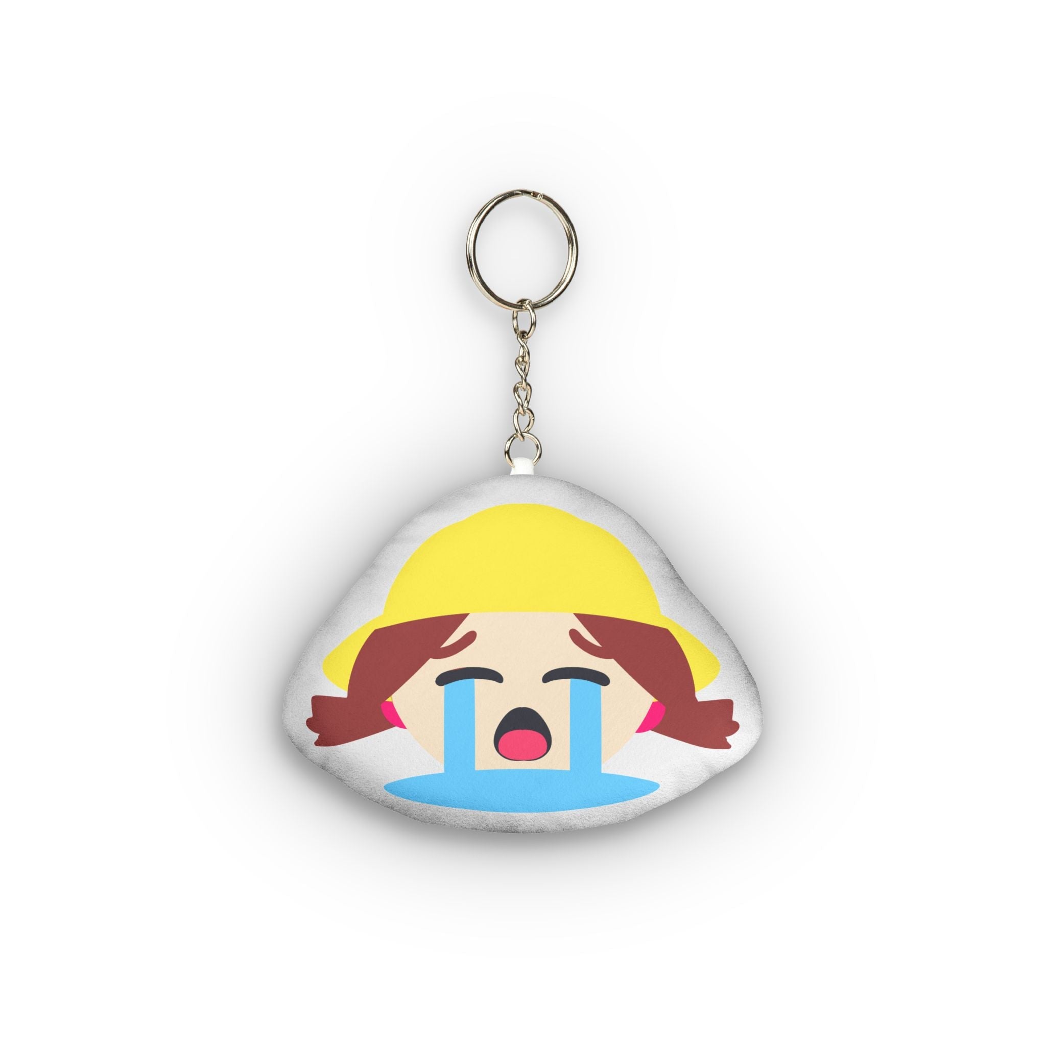 Cute hentai-style plush keychain of anime girl wearing yellow hard hat, brown twin ponytails with pink ties, eyes squeezed shut in distress, huge blue tears streaming endlessly down her face, wide open mouth sobbing dramatically in exaggerated emotional chibi design.
